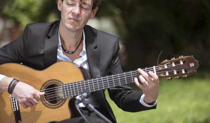 acoustic guitarist performing in a garden