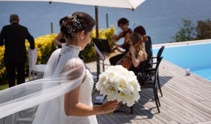 bride and string quartet at wedding ceremony