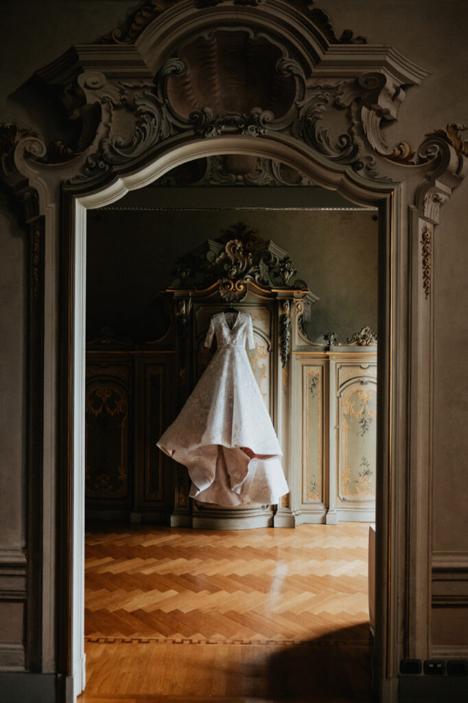 Wedding dress at Villa Erba, Lake Como